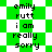 Green and white pixelated background with repeated text 'emily rutt i am really sorry' in black font