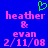 Blue background with pink pixelated text reading 'heather & evan 2/11/08' and a green heart symbol above the left side.