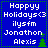 Blue background with white text reading 'Happy Holidays<3 ilysfm Jonathon Alexis' and a green tree icon, displayed in two identical side-by-side