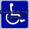 Static blue square icon featuring a white wheelchair symbol overlaid with pixelated blue text reading "Rollin with my homies" in two lines.