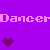 Pixelated text 'DancerDancer' in light pink on purple background with two pixel hearts below.