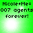 Green background with pixelated text reading "Nicole+Me= 007 agents forever!" and four bright white light spots in different positions across the frame.