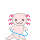 Pixelated pink axolotl with black eyes and a smiling mouth, wearing blue hula hoop on gray background.