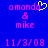 Pixelated text displays 'amanda & mike' with a heart symbol above amanda and date '11/3/08', all in pink on blue background.