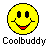 Animated contact sheet of 8 pixelated yellow smiley face icons with varying eye expressions and mouth shapes, each labeled "Coolbuddy" below on gray background.