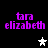Pixelated purple text 'tara elizabeth' appears in four quadrants on a black background with white and gray star icons below.