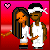 Pixel art buddy icon showing two cartoon figures standing close together against a red gradient background with a pink heart symbol in the top left corner.