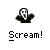 Pixelated static icon of a screaming character with white face and black clothing above the word "Scream!" in pixel font on gray background.