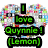 Four heart-shaped icons with pixelated backgrounds display text reading "I love [name] ([initials])" in different colors.