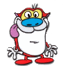 Cartoon character with red limbs, blue nose, yellow face, and white body stands against gray background in multiple poses.