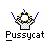 Pixel art icon of a stylized figure with yellow hair, blue antennae-like extensions, and checkered clothing beneath the text 'Pussycat'.