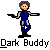 Pixel art character in blue and black suit holding black pistol, standing with arms extended against gray background, text 'Dark Buddy' below.