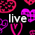 Black background with pink and purple heart patterns and white text reading 'live love laugh' in pixelated font.