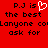 Red background with black pixelated text and a white heart symbol replacing the 'o' in 'P.J is'.