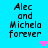 Pixelated text 'Alec and Michela forever' on cyan background with pink heart in top-right, transitioning to purple hearts at bottom-right.
