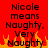 Red background with black text reading "Nicole means Naughty. very Naughty" and orange-yellow flames at the bottom.