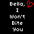 Pixelated text reads 'Bella, I Won't Bite You' with a red heart symbol replacing the comma in the left view, while the right view shows the same text without the heart.