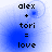 Four identical display text 'alex + tori = love' on a blue gradient background with pixelated edges
