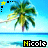 Pixelated beach scene with palm tree, blue sky, and water; text 'Nicole' in yellow-and-black block letters appears below.