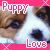 Pixelated static image of a dog's face with pink text overlays on a bright pink background, featuring pixelated X and checkered patterns in corners.