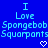 Blue background with light blue pixelated text reading "I Love Spongebob Squarepants" repeated twice, two white pixelated hearts at bottom center.
