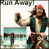 Animated sequence showing a pirate character with red bandana and green vest shouting 'Run Away!' above, while inset scene changes from group running to single figure on beach.