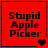 Red square icon with black text "Stupid Apple Picker" and heart symbols changing across four