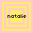 Four square display the name 'natalie' in black pixelated text over yellow and pink layered squares with varying border thicknesses