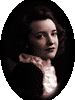 Pixelated oval portrait of a person with dark hair and light skin, wearing a white ruffled collar against a black background.