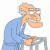 Pixelated cartoon character in blue shirt leaning over metal railing with hand on rail, light skin tone, gray hair, glasses, exaggerated facial features including large nose and mouth, static single-frame image.