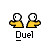 Pixel art animation of two yellow-shirted figures in a duel, with speech bubbles and dynamic pose changes across frames.