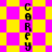 Yellow and pink checkered background with vertical text reading 'CORY CORY' in black pixelated letters, transitioning from square to diamond pattern.