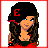 Pixel art character with long brown hair, red crop top, black skirt, and striped socks in three poses showing full body, legs only, and upper body.