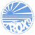 Circular blue and white pixelated icon with radiating lines, horizontal stripes, and abstract shapes including a stylized 'M' or wave form at the bottom.