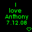 Green pixelated text on black background reads 'I love Anthony 7.12.08' with a small heart symbol below, displayed in two identical side-by-side frames.