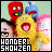 Pixelated static image shows four cartoon characters with bold colors and exaggerated expressions against a light green background, text at bottom reads 'HONDER SHOZEN' in blocky white letters on black.