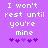 Purple background with white pixelated text reading "I won't rest until you're mine" and five purple heart symbols below, displayed in two identical side-by-side