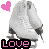 Pixelated ice skates with pink and black heart symbols, each paired with the word 'Love' in bold text.