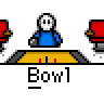 A 4x4 contact sheet of a pixel-art bowling animation showing sequential frames of a stick figure bowling ball rolling toward pins, with visible text labels "Bowl" under each frame.