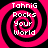 Four identical pink and black spiral patterns with white text reading 'TahniG Rocks Your World' arranged in a on a solid black background