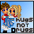 Pixel art buddy icon showing two cartoon characters embracing against a blue background with text reading "HUGS NOT DRUGS" in blocky letters.