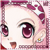 Anime-style character with pink hair and purple polka-dot headband, large purple eyes, small open mouth showing tongue, yellow flower earring, in a of