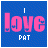Two side-by-side animated frames of a pixelated buddy icon with pink text on blue background showing "ilovePAT" and a small pink plus symbol in the second frame.