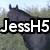 A pixelated image of a dark horse in a grassy field with text overlays reading "JessH5 loves horses" across four