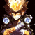 Pixelated character with spiky brown hair and glowing yellow-orange aura, wearing dark clothing with blue circular shoulder accents.