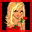 Pixel art of a blonde woman in red dress holding red rose, surrounded by six black with white text fragments
