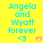 Yellow background with repeated cyan text "Angela and Wyatt forever" and pink heart symbols, each followed by a blue '<3' symbol.