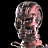 Pixelated static image of a humanoid head with exposed mechanical components and visible red accents on the face.