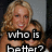 Pixelated image of a person with light brown curly hair wearing a dark top, overlaid with bold black-and-white text reading "who is better?" against a gray background.