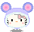 Pixelated character with purple ears and pink inner ears, white face, black eyes, orange nose, pink blush marks, and a pink bow on the head.